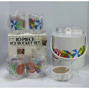 VTG ITEMAKERS 10 Pc Ice Bucket Set‎ 4 Tumblers 4 Coasters Tongs Umbrellas NOS 85